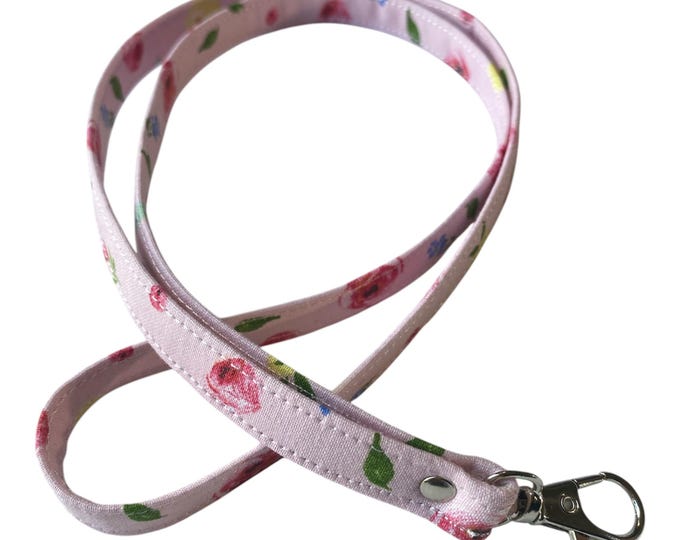 Pink Floral Fabric Lanyard – Watercolor Flower Keychain Neck Strap, ID Badge Holder