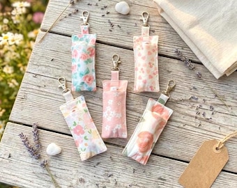 Fabric Lip Balm Holder Keychain with Floral and Cherry Patterns