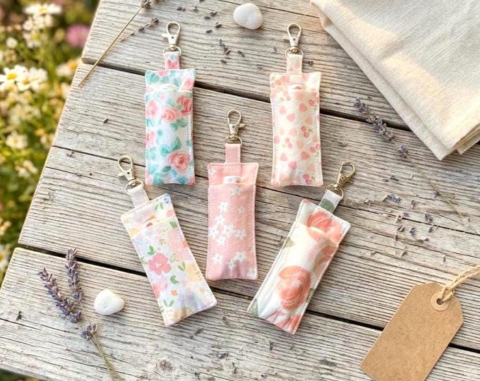 Fabric Lip Balm Holder Keychain with Floral and Cherry Patterns