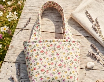 Handmade Quilted Cotton Mini Tote Bag - Small Floral Ditsy Print Purse with Interior Pocket