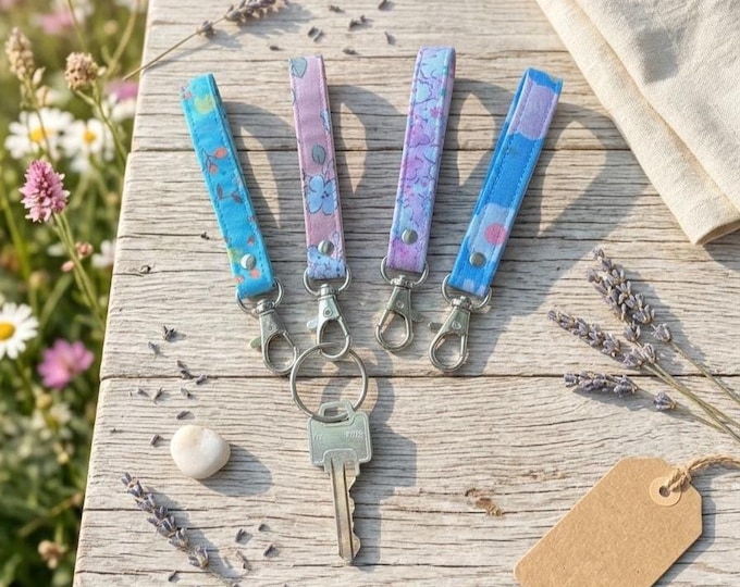 Mini Fabric Key Fob, Short Finger Loop Keychain, Floral Cotton Lanyard, Minimalist Key Holder