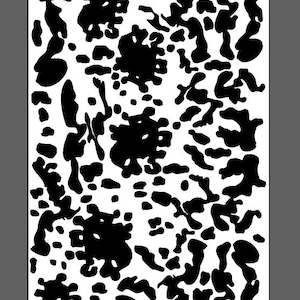 May include: A monochrome pattern with black, irregular shapes on a white backdrop. The design is composed of various sized blotches, creating a high-contrast visual. This abstract pattern is suitable for textiles, wallpaper, or graphic design projects.