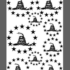 May include: A repeating pattern featuring black coiled snakes with the text "Don't Tread on Me" within a circle of black stars on a white backdrop. The design is repeated multiple times across the image.