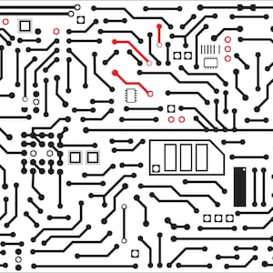 Puede incluir: Ilustración abstracta de una placa de circuito con líneas negras y acentos rojos sobre un fondo blanco.