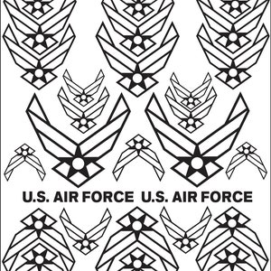 Puede incluir: Ilustración en blanco y negro del logotipo de la Fuerza Aérea de los Estados Unidos con el texto "U.S. AIR FORCE" repetido dos veces.