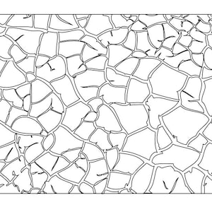 May include: Black and white illustration of a cracked surface. The design features irregular shapes and lines, creating a textured effect. The pattern resembles dried earth or a mosaic.