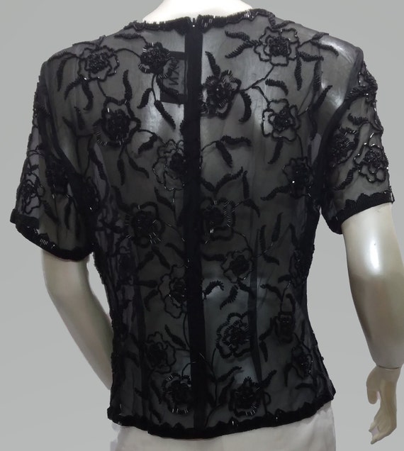 Y2K Sheer Black Floral Beaded Blouse - image 5