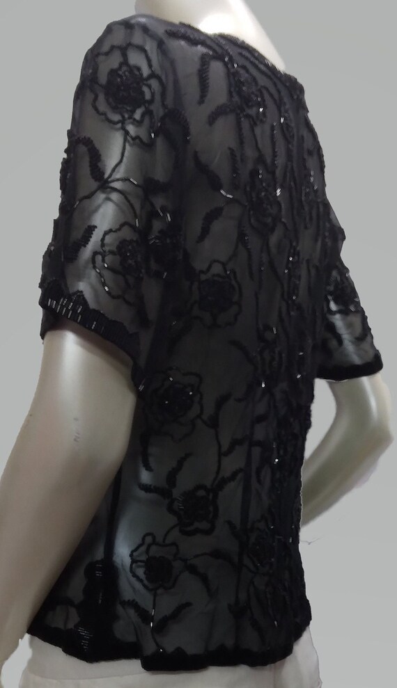 Y2K Sheer Black Floral Beaded Blouse - image 7