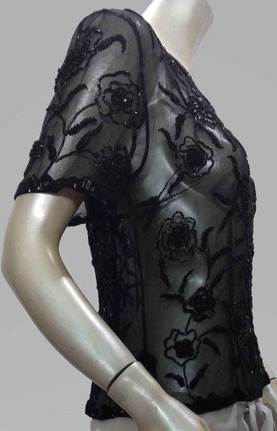 Y2K Sheer Black Floral Beaded Blouse - image 3