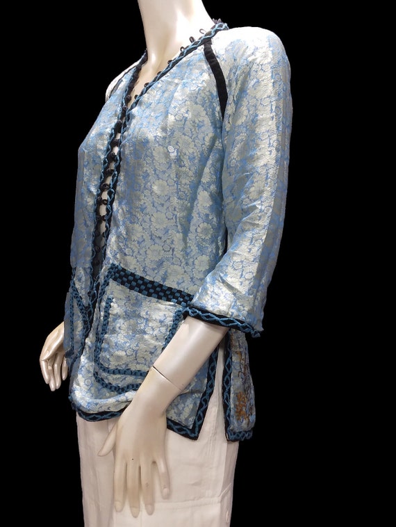 VINTAGE SILK BLOUSE Asian Style Blue Silk - image 2