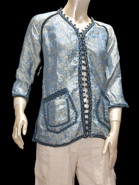 VINTAGE SILK BLOUSE Asian Style Blue Silk - image 7