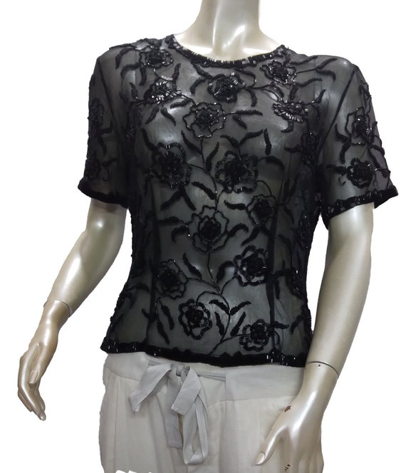 Y2K Sheer Black Floral Beaded Blouse - image 1