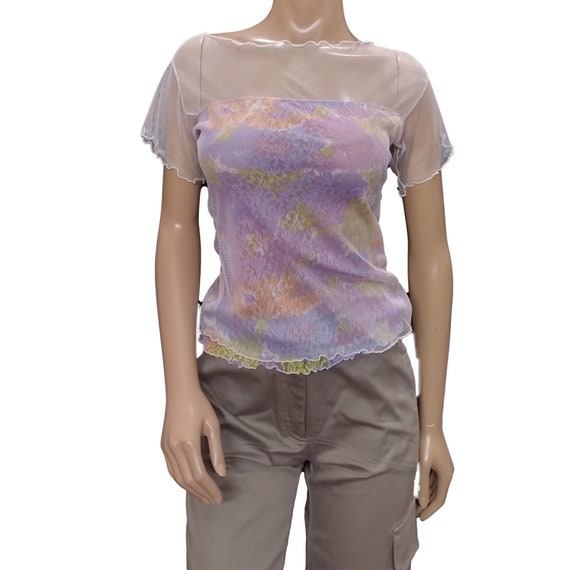 Y2K Sheer Floral Print Short Sleeve Blouse - image 1