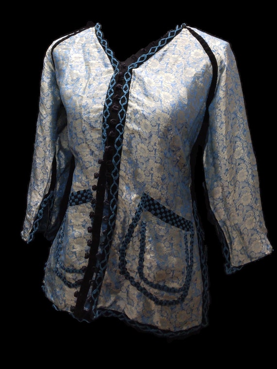 VINTAGE SILK BLOUSE Asian Style Blue Silk - image 10