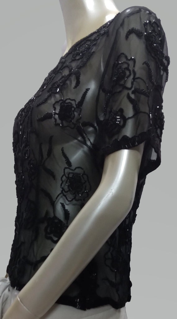 Y2K Sheer Black Floral Beaded Blouse - image 8