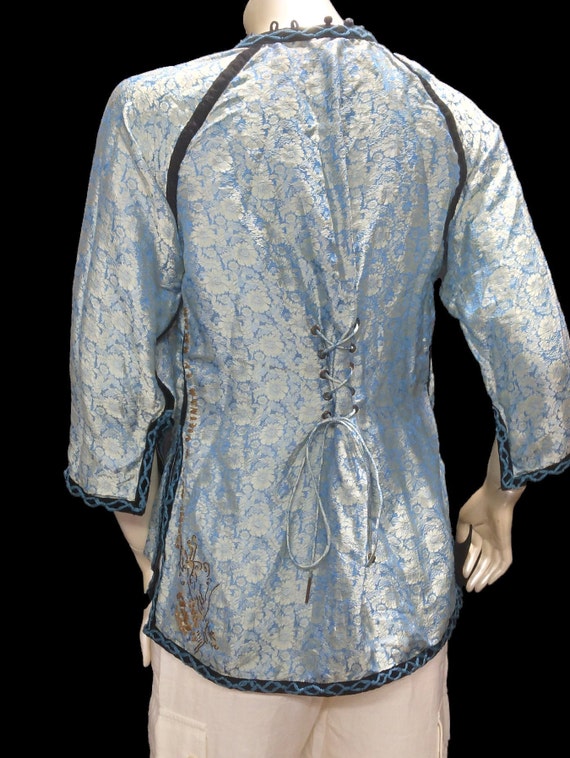 VINTAGE SILK BLOUSE Asian Style Blue Silk - image 4