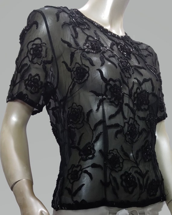 Y2K Sheer Black Floral Beaded Blouse - image 2