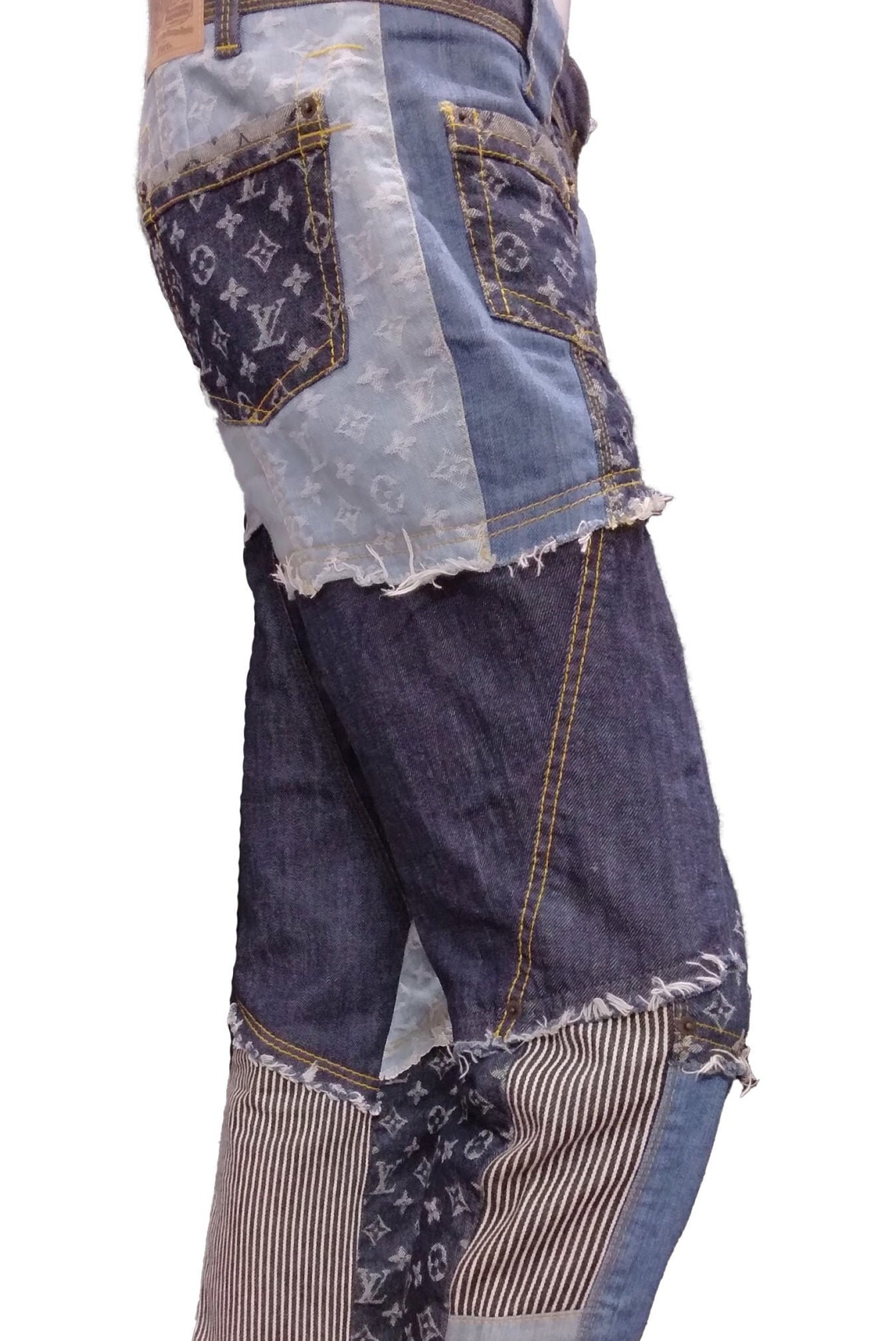 Louis Vuitton Monogram Patchwork Denim Pants, Blue, 33Inventory Confirmation Required