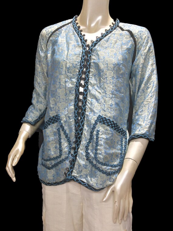 VINTAGE SILK BLOUSE Asian Style Blue Silk - image 8