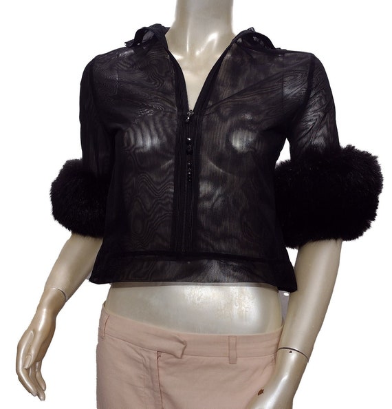 Gianfranco Ferre sheer black Blouse with Fur Trim - image 1