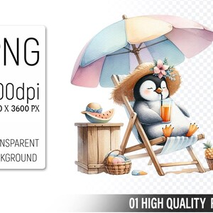 Summer Penguin Clipart PNG Bundle - Cute Watercolor Animal Illustrations for Kids Party Invitations, Stickers, Scrapbooking & Sublimation