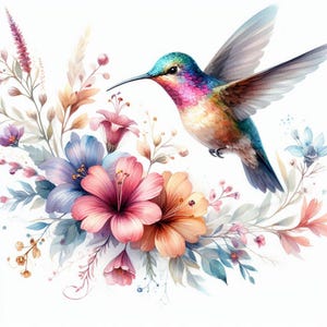 水彩画ハチドリのウォールアート – 花柄の鳥のプリント – ナチュラルな室内装飾