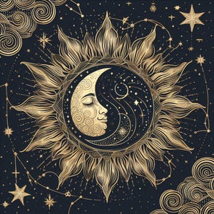 Celestial Sun and Moon Wall Art – Boho Astrology Printable – Gold & Navy Poster
