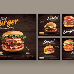Customizable Burger Instagram Template: Canva Social Media Food Ad Design for Restaurant Marketing