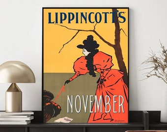 Affiche art deco vintage, Impression de couverture de magazine vintage, affiche retro, "Lippincott's" issue de Novembre, magazine retro