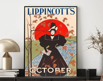 Affiche art deco vintage, Impression de couverture de magazine vintage, couverture de magazine retro "Lippincott's" issue d'Octobre