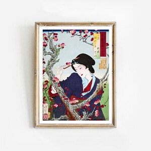Tei of Shinbashi near a plum tree in Umeyashiki by Tsukioka Yoshitoshi | Color woodcut | Japanese Print | Japanese decoration I geisha art