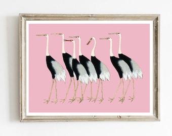 Flock of Japanese red crowned cranes, inspired by Ogata Korin, INSTANT art, vintage bird print, candy pink wall decor, dorm room wall art