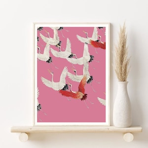 Flock of Japanese red crowned cranes, Ogata Korin, INSTANT DOWNLOAD, vintage bird print, candy pink wall decor, girly décor, japanese art