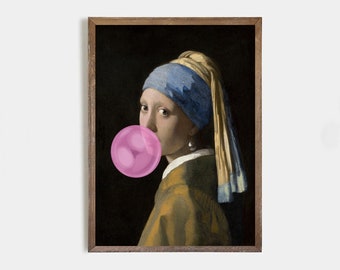 Girl with a pearl earring with bubble gum, Vermeer modern reproduction, Banksy style wall art, eclectic art, Famous painting, classic art