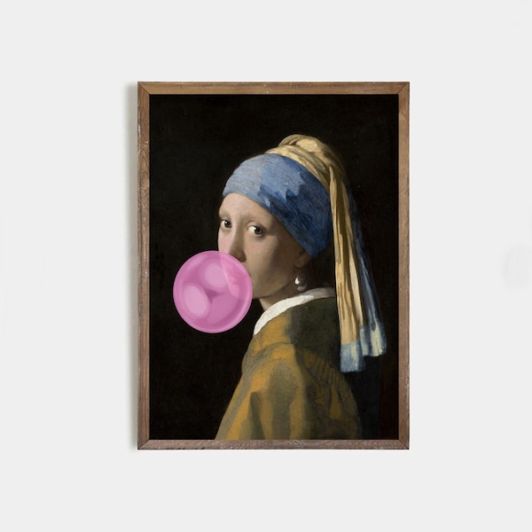 Girl with a pearl earring with bubble gum, Vermeer modern reproduction, Banksy style wall art, eclectic art, Famous painting, classic art