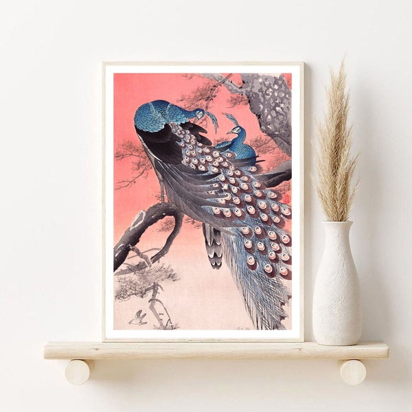 art Vintage japonaise de paon I art numérique I impression d’oiseau I art vintage japonaise I art en rose bonbon | décor de chambre d'enfant