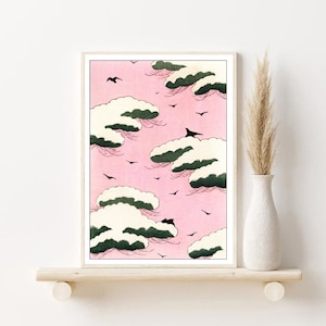 Vintage Japanese Art, Pink Sky Illustration, Danish Pastel Wall Art, Nursery Wall Art, Japanese Art Print, Pastel Decor, candy pink wall art