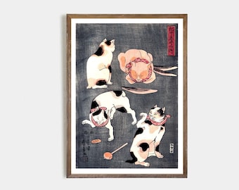 Katzen Vintage japanischer Druck | Japanische Katzenkunst | Geschenk für Katzenliebhaber | japanische süße Katzenkunst | Kinderzimmer-Dekor