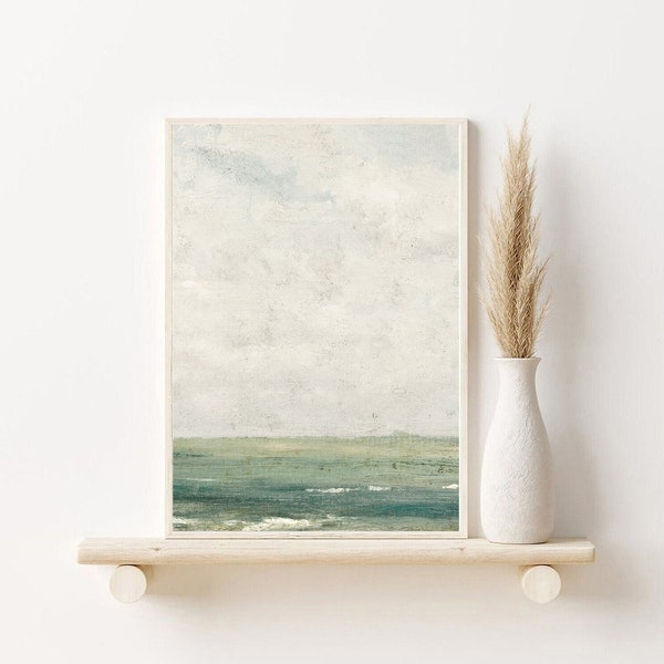 minimalist vintage ocean landscape | muted sea abstract art | turquoise sea art | beach art | soft navy watercolor | nursery soft wall art