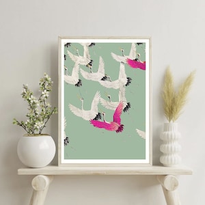 Flock of Japanese Royal Cranes, Ogata Korin, INSTANT art, vintage bird print, sage green wall decor, bird art, Japanese art