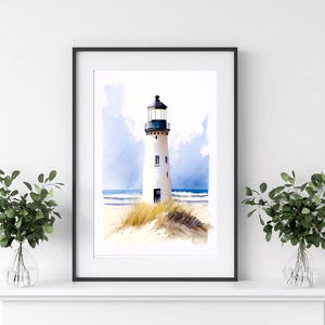 Impresión artística del faro costero | Decoración de pared náutica minimalista | Paisaje oceánico en tonos pastel | Impresión de casa de playa