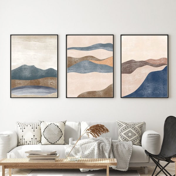 Lot d'impression de montagne abstraite de 3 | paysage abstrait | ensemble d'art mural minimal | art de salon moderne du milieu du siècle