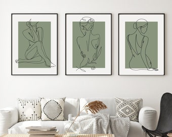 Bedroom wall art, woman line drawing, feminine art in sage green, minimalist poster, line drawing, feminine wall art, bedroom prints