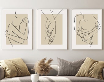 Bedroom wall art, set of 3 beige prints, couple print set, bedroom decor, boho neutral prints, boho love set, couple art, beige modern art