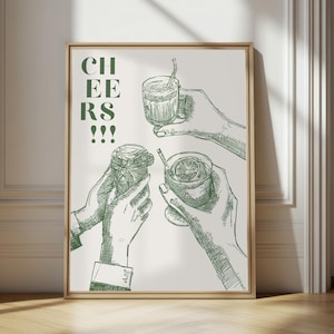 Decoración de pared de bar estilo años 2000 | Póster de cóctel rosa femenino | Señal de saludos | Decoración de pared bohemia preppy en verde salvia