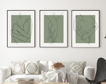Arte de pared de sala de estar verde salvia, conjunto de 3 estampados boho, arte de pareja boho, decoración de dormitorio, conjunto de amor boho