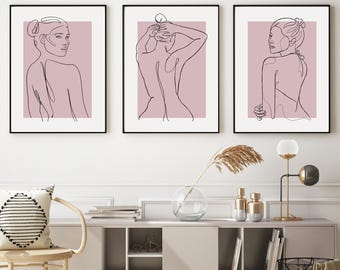Feminine Line Art Set of 3 | Blush Pink Silhouette Wall Decor | Minimalist Bedroom Prints | Soft Girl Aesthetic | Digital Boho Art for Her