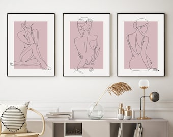Set of 3 Pink Female Silhouette Prints | Feminine Line Art Wall Art | Romantic Bedroom Decor | Printable Digital Download