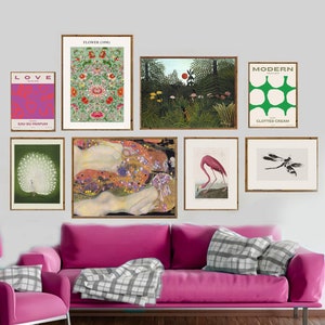 Gallery wall art set of 8, Eclectic wall set, colorful print set, maximalist home decor, Klimt, Rousseau, digital art, art print, retro set