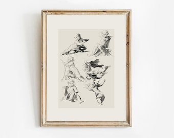 Vintage Sketch Art of a Cherub, Vintage Angel Print, Antique Christmas Decor, Vintage Romantic Wall Art, Victorian Art of an Angel